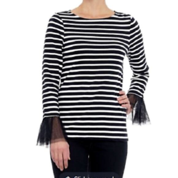 NEW beachlunchlounge Navy Blue Stripe Top Tulle Sleeves Fairy Nautical - Picture 1 of 7